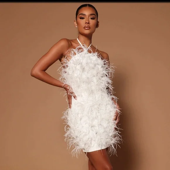 Fashion Nova | Dresses | Fashion Nova Ivory Feathered Mini Dress | Poshmark